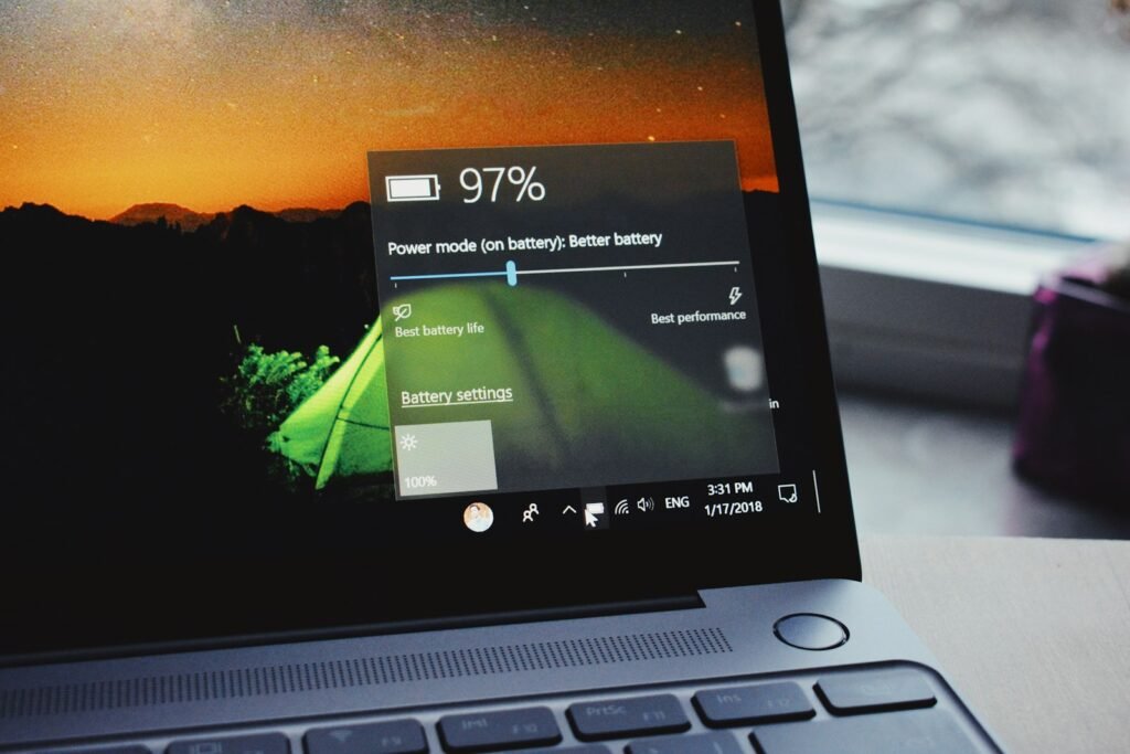 Turn-on laptop displaying 97 percent battery